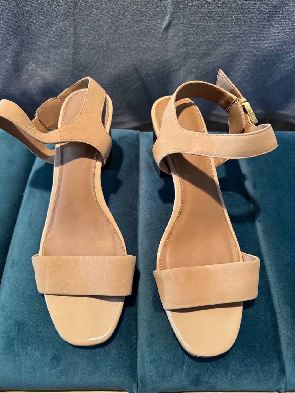 Calvin Klein Leather Nude Ankle-Strap Block Heel Sandals
